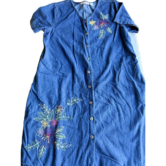 La Cera Dresses & Skirts - La Cera Denim Dress: P-Med. Vintage 90s Embroidered Applique Floral Pockets